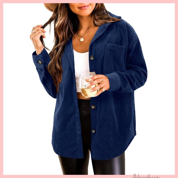 Plus Size Corduroy Shacket Button Down Long Sleeve Loose Fit Blouse